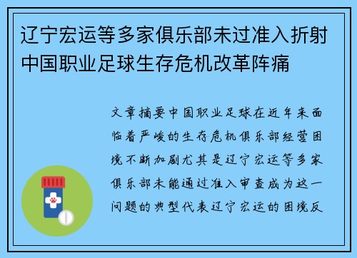 辽宁宏运等多家俱乐部未过准入折射中国职业足球生存危机改革阵痛 辽宁宏运等多家俱乐部未过准入折射中国职业足球生存危机改革阵痛