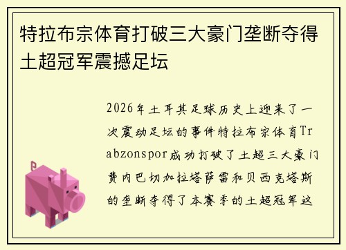特拉布宗体育打破三大豪门垄断夺得土超冠军震撼足坛